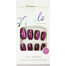 MNmagicnail-Glossy Press On Nails,Medium Coffin Short Cat Eye False Nails,Opaque "Champagne Glazed" Reusable false Nails, Acrylic Fake Nails with Gelly Glue in 6 Sizes-12 Nail Kit