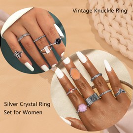 Kakonia 70 Pcs Vintage Crystal Ring Set Silver Knuckle Rings for Women Bohemian Stackable Joint Rings Retro Boho Stacking Joint Finger Rings Pack
