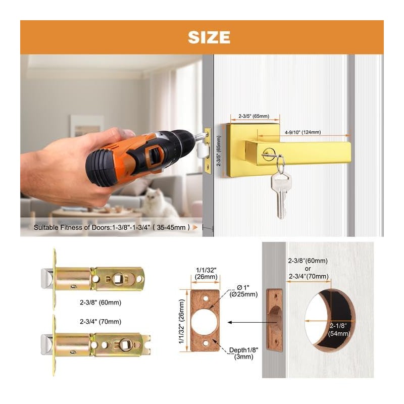 Probrico Brushed Gold Keyed Entry Door Handle Square Heavy Duty