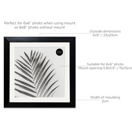 pf+a REAL GLASS 8x8 Photo Frame With Mount For 6x6 Picture - Oxford Black 6x6 Frame With Mount - 8x8 For 6x6 Black Picture Frame