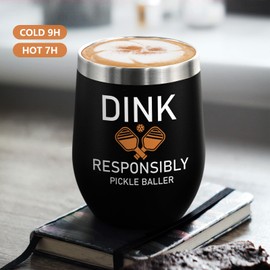 LiqCool Pickleball Dink Responsibly Wine Tumbler, Pickleball Gifts for Pickleball Lovers Players, Pickle Ball Gifts for Men Women Unique Birthday Christmas Fathers Mothers Day(12Oz, Black)