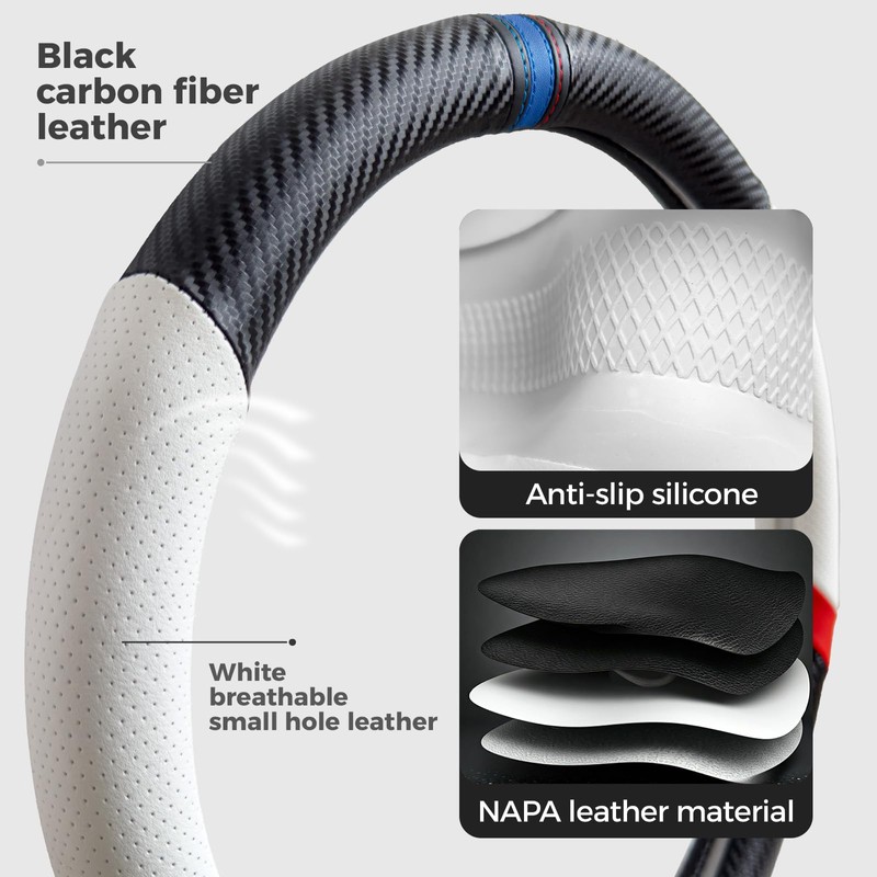 Carbon Fiber Steering Wheel Cover, Non-Slip and Sweat Absorbent, 15"