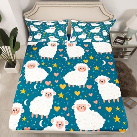 Kawaii Sheep Fitted Sheet,Cute Sheep Rustic Farmhouse Animals Bed Sheet 3 Pieces Fits Mattress,Starry Sky Watercolor Hearts Stars Pattern Decorative Fabric Bedding All-Round Elastic Pocket