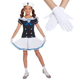 Edozos Children's Sailor Girls Fancy Dress Costume Set Hat + Dress + Gloves ~ School Play Book Week Themed Party Cosplay Navy Marine Yacht Outfits (10-12 Years)