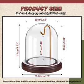 Beeveer 2 Pcs Watch Ornament Glass Display with Hooks Dome Cloche with Wood Base Decorative Glass Display Dome Showcase for Watch Plants Medals Photos Collectibles Dark MDF Base (Gold Hook,3" X 4")