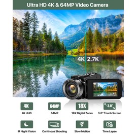 4K Video Camera Camcorder 64MP Vlogging Camera for YouTube 18X Digital Zoom 3.0''Touch Screen IR Night Vision with External Stereo Microphone,Handheld Stabilizer,Remote,Lens Hood,32G Card &2 Batteries