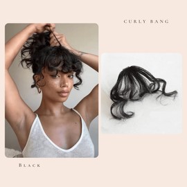 VAVANGA Curly Bangs Clip in Hair Extension, Synthetic Hair French Bangs Clip on Wispy Bangs Natural Curly Air Bangs Fake Fringe Bangs Hair Piece for Women (Black)