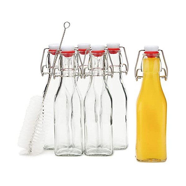 8 oz Swing Top Glass Bottles with Stoppers for Juicing, Vanilla, Sauces, Oils (6 Pack plus Cleaning Brush)