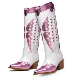 GOSERCE Women's Western Pointed toe Metallic Mid-Calf Cowboy Boots Knee High Cowgirl Boots Colorful sparkly Boots H06-3 Pink 7