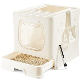 Covered Cat Litter Box with Lid for Small and Medium Cats, Foldable Kitten Litter Pan for Growing Cats, Drawer Type Anti-Splashing Kitty Toilet - Color: White
