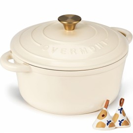 Overmont Enameled Cast Iron Dutch Oven - 4.5QT Pot with Lid Cookbook & Cotton Potholders - Heavy-Duty Cookware for Braising, Stews, Roasting, Bread Baking white