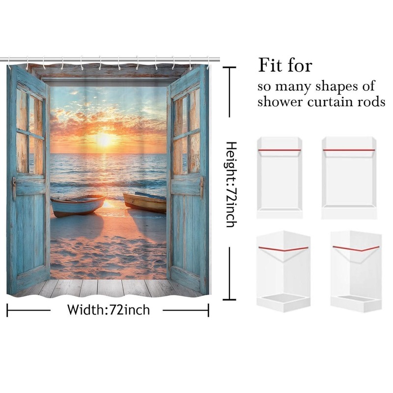 Beach Coastal Shower Curtain, Ocean Sunrise Seascape Nautical Shower Curtains