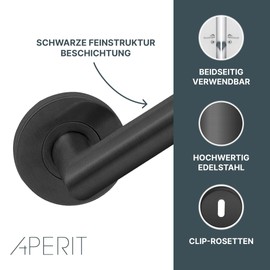 Aperit Black Stainless Steel Door Handle - Black Door Handle Pair with Deadlock Rosette - Round - Matt - Handle Set for Interior Doors - T-Model - 49.203.02 - EN1906 Class