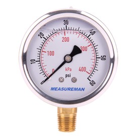 MEASUREMAN 2-1/2" Dial Size, Liquid Filled Pressure Gauge, 0-60psi/kpa, 304 Stainless Steel Case, 1/4" NPT Lower Mount 2 Pack