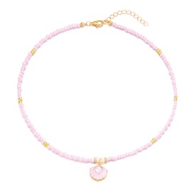 Seashell Pearl Pendant Necklace Gold Plated Boho Enamel Pink Blue Scallop Sea Shell Starfish Ocean Animal Chain Necklace for Women Hawaiian Summer Beach Holiday Fashion Jewelry Gifts (Pink beaded necklace)