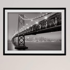 Renditions Gallery Bay Bridge at Night Black and White Cityscape Wall Art Framed Landscape Photography Canvas Prints Home Wall Decor