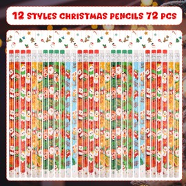SULOLI 72 Pcs Christmas Pencils with Eraser, Xmas Themed Pencil with Santa Christmas Tree Snowman Elk and Snowflake for Children Christmas Party Supplies(12 Styles)