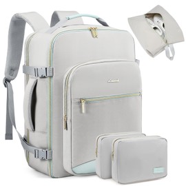 LOVEVEOOK Travel backpack for women, 40L Personal Item Travel Bags with 3 Packing Cubes, Waterproof Carry on Backpack for Airplanes Sports Luggage Backpack Large Hiking Backpack,Light grey-Mint green