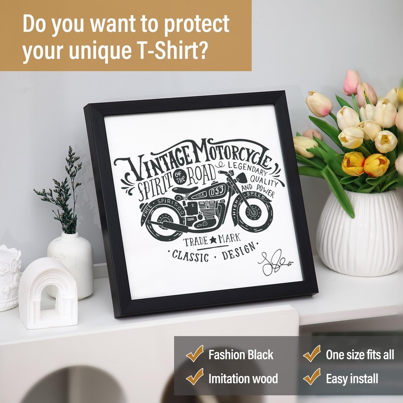Dunkive T-Shirt Display Frame, 13" x 13" Black Wood T-Shirt