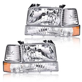 CNNELL Headlights Compatible with 1992-1996 Ford F150/Bronco, 1992-1997 F250/F350/FSuper Duty w/Corner Signal Bumper Lamps(Clear lens Chrome Housing Amber Reflector)