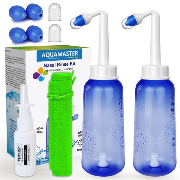 AQUAMASTER 2PCS-Value Pack Nasal Rinse Kit - Neti Pot -Nose Cleaner with 2 Bottle + 4 Nozzle + 2 Dust Cap - 10oz 300ml Nose Wash with 2 Moisturizing Sprays +Storage Bag |- for Adult Child