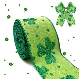 St. Patricks Day Ribbon Wired, Glitter Green Shamrock Fabric Ribbons Gifts Wrapping DIY Crafts Wreath Bows Making Supplies Festival Party Birthday Holiday Decoration, Green Background, 10 Yds x 2.5 In
