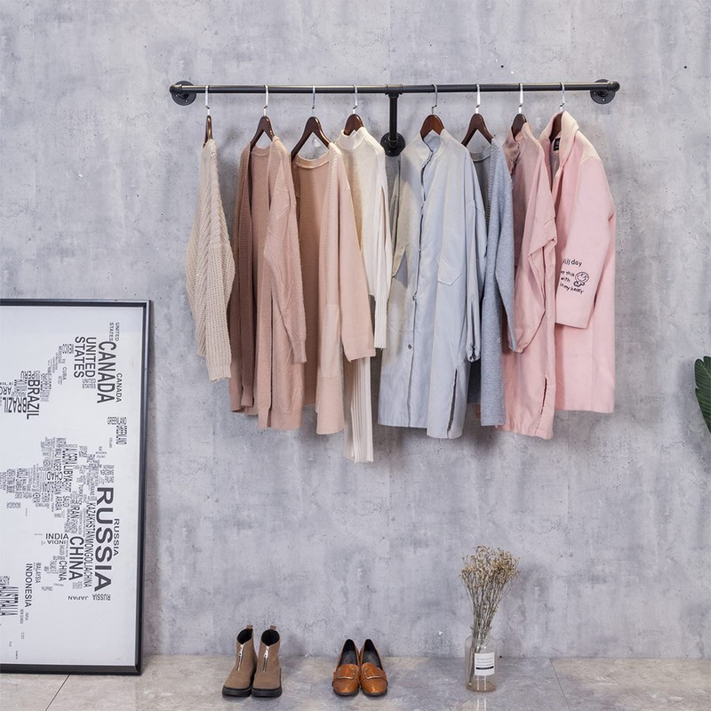 FURVOKIA Industrial Pipe Wall Mounted Clothes Hanging Shelves System,Metal Clothing