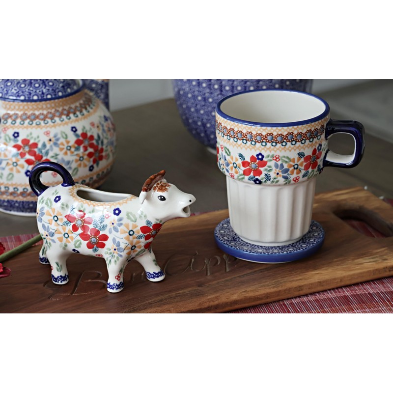 Blue Rose Polish Pottery - Red Daisy Cow Creamer -