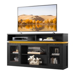 WLIVE Farmhouse TV Stand for TVs Up to 65 Inches, Tall Entertainment Center with Storage Cabinets & LED Lights, Media Console for Living Room, Bedroom, Home Theater, Black