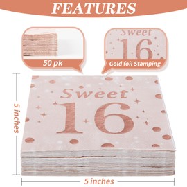 Sllyfo Sweet 16 Party Decorations - 50PK - Sweet 16 Napkins 16th Birthday Decorations for Girls 5x5 Inches, Disposable Cocktail Napkins Paper for Happy 16th Birthday Anniversary Party Rose and Gold
