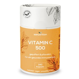 Vitamin C 500 mg per capsule, 240 capsules, buffered and vegetable, good bioavailability and compatibility, vegan, 100% paper packaging