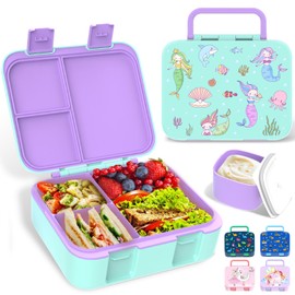 Anyiner Kids Lunch Box, Leakproof Bento Lunch Box with Multi-Compartments & Sauce Jar, Portable Snack Box Mermaid Bento Box for Kids Adults Work School (Lakegreen Mermaid)