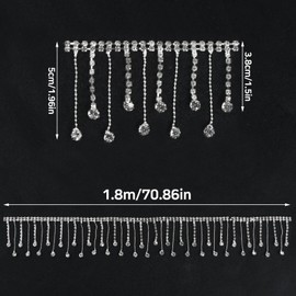 180 cm Rhinestone Tassel Chain, Crystal Rhinestone Ribbon Silver, Diamond Fringe Ribbon, Crystal Tassel for Sewing, DIY, Bag, Clothing, Wedding Dress, Decoration, Crafts (Round Diamonds)