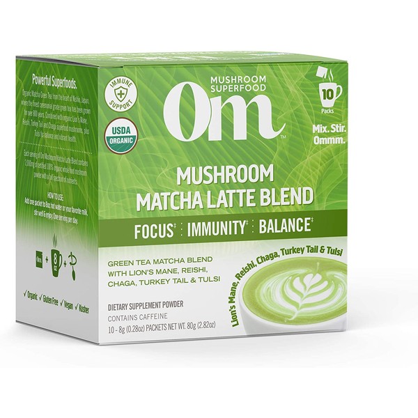 Om Organic Mushroom Superfood Powder, Matcha Latte Blend, 2.82 Ounce (10 Packets), Green Tea, Lions Mane, Reishi, Chaga, Turkey Tail, Focus & Stress Support Supplement