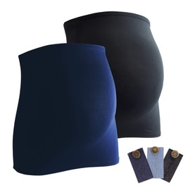 Mamaband Maternity Bump Band in Twin Pack + Pack of 3 Jeans Extenders, Back Warmer and Top Extender for Pregnant Women, Stretch Fabric Maternity Wear - Dark Blue/Black, size: 42-48