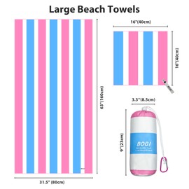 BOGI Microfiber Large Beach Towel for Adult,Quick Dry Lightweight Beach Towel- Recycled,Sand Proof & Compact Absorbent for Travel Bath Swim Yoga (L:165cm*80cm+40cm*40cm-Pink blue)