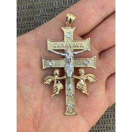Italiano Silver, Inc. 14k Gold Plated Solid 925 Silver Caravaca Cross Double Crucifix Men LARGE 2.5" - 18" 3mm Rope Chain