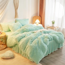 HAIHUA Green Faux Fur Comforter Cover Queen Size，Fluffy Mint Green Faux Fur Comforter Set 3 Pieces(1 Plush Duvet Cover +2 Shaggy Pillowcases) Faux Fur Bedding Set,Solid Color (Mint Green, Queen)