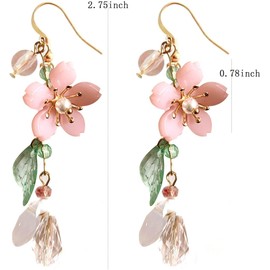 Pink Flower Earrings Dangle Cherry Blossoms Sakura Floral Teardrop Lily Fairy Leaf Petal Drop Spring Summer Seaside Idyllic Holiday Earrings-A