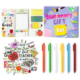 57Pcs White Teacher Stationery Set Includes Ball Point Gel Ink Pens Bundle Sticky Notes Set Cartoon Stickers Index Tabs Memo Pads Page Flags Back to School Gift Supplies for Student Teacher
