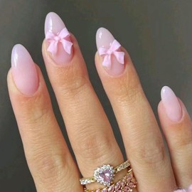Light Pink Press on Nails Almond Short with Charms Bow Design, Pink Acrylic Nails Press ons Nude False Nails Glue on Nails Glossy Full Cover Stick on Nails for Women Manicure 24Pcs
