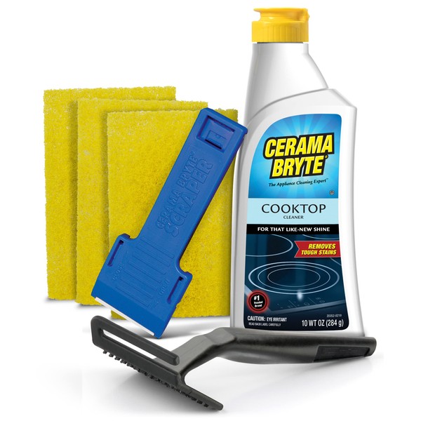 Cerama Bryte Combo Kit POW-R Grip, Scraper, Pads & Removes Tough Stains Cooktop and Stove Top Cleaner for Glass - Ceramic Surfaces, 10 Ounces, 6 Piece