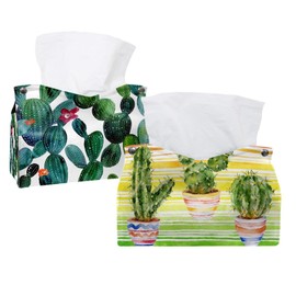2 Pack Tissue Box Cover Holder, Watercolor Cuctus Rectangle Leather Tissue Case, Decorative Organizer for Tabletop, Bathroom, Car, Office
