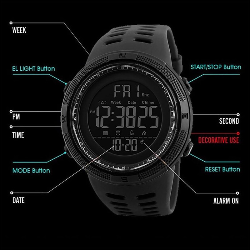 SKMEI Mens Large Display Digital Watch Resin Strap Stopwatch Alarm