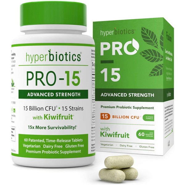 PRO-15 Advanced Strength Probiotics with Kiwi Extract - 15 Strains -60 Once Daily Tablets - 15x More Survivability with Patented Delivery Technology