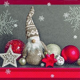 20 Napkins Gnome Santa Claus Stars Baubles Red 33 x 33 cm