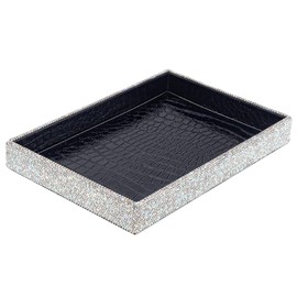UPPWOO Luxurious Bling Vanity Tray, Elegant Desktop Storage Organizer - Multifunctional Faux Leather Storage Display with White Rhinestones, Handmade