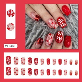 Christmas Fake Nails Medium Square Winter Press on Nails Full Cover Red Glitter Candy Cane False Nails with Heart Designs Embossed Glossy Glue on Nails Acrylic Xmas Nail Decorations for Women Girls