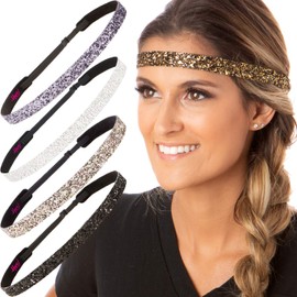 Hipsy REGULAR Size, Adjustable No Slip Sparkly Bling Glitter Skinny 5pk Headbands for Women Girls & Teens (Skinny Black/Rose Gold/Pearl/Gunmetal/Diva)