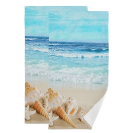 XALOGEER Beach Hand Towels for Bathroom Set of 2, Summer Nautical Coastal Waves Seashell Kitchen Towels Soft Absorbent Decorative Fingertip Towels Tea Bar Face Towels for Gym Spa Chic Decor 14x28